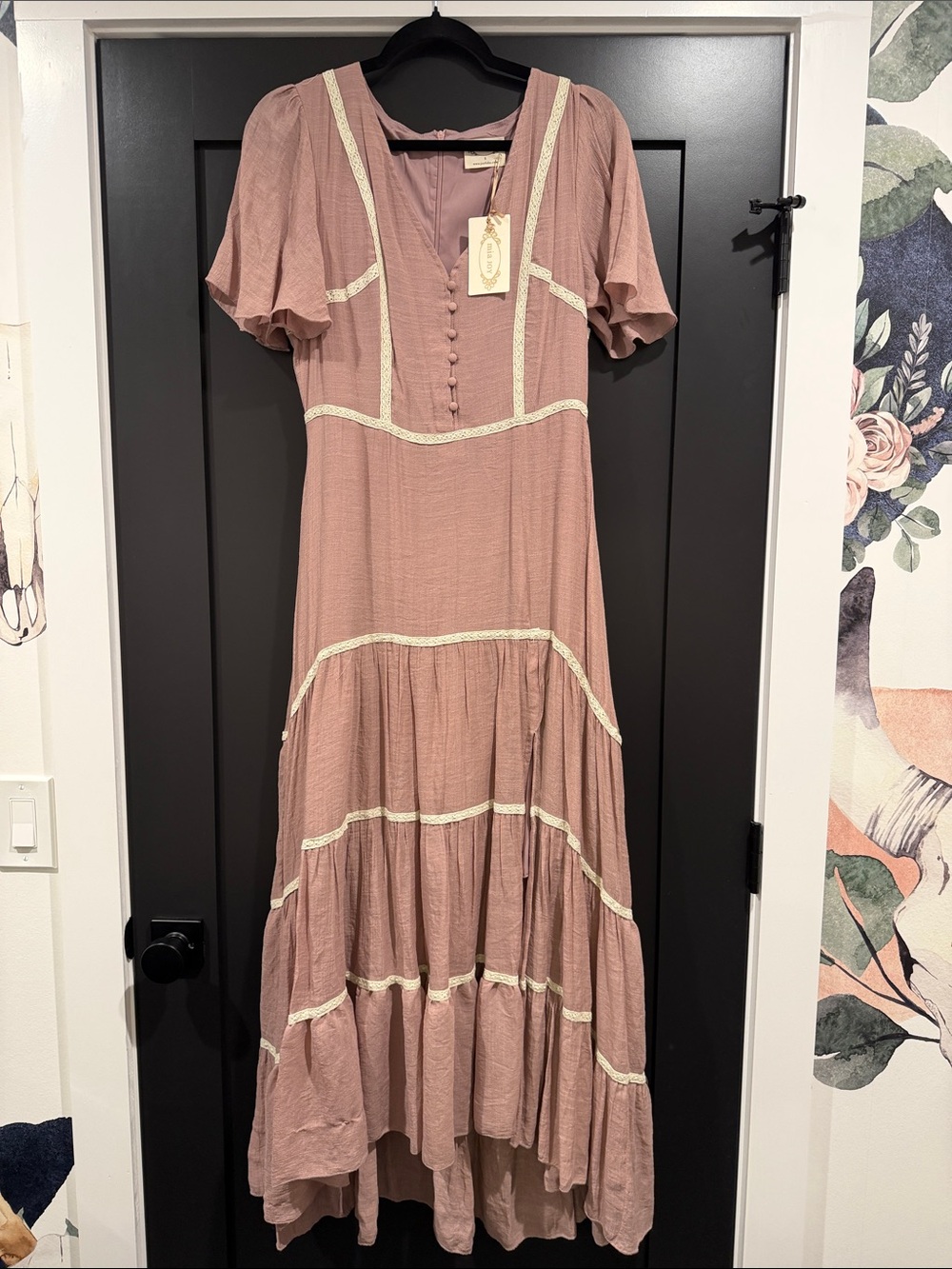 Joyfolie Mauve Tiered Maxi Dress with Lace Trim